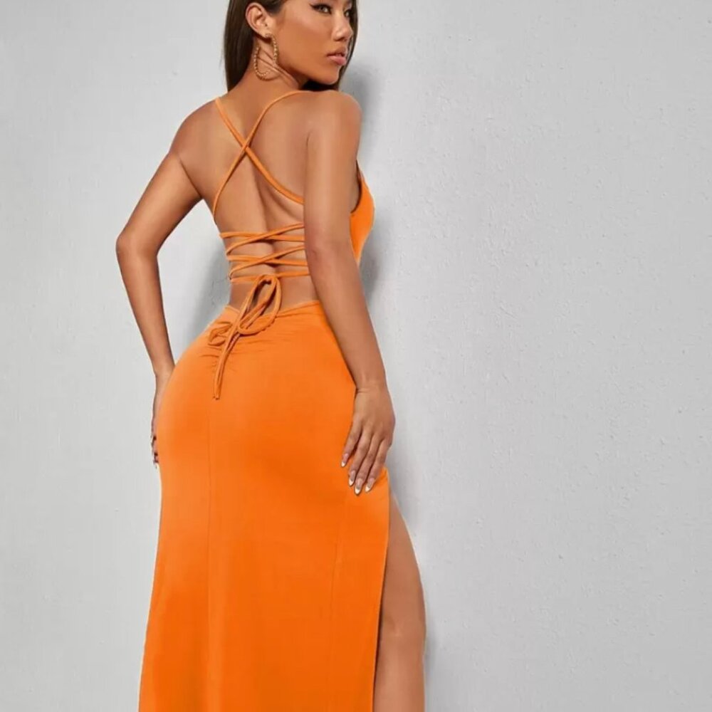 Orange Lace Up Backless Split Thigh Cami Dress